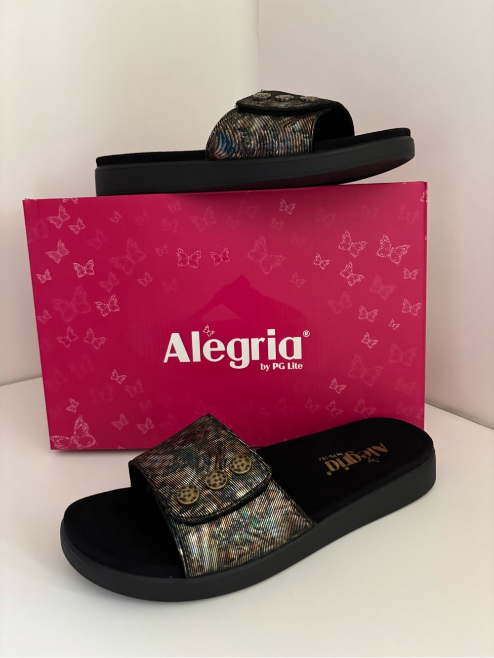 Alegria Iridescent Slide Sandals in Black and Multicolor